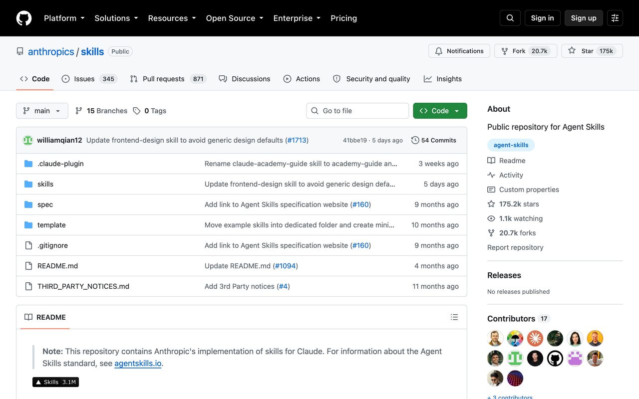 Página de GitHub del repositorio anthropics/skills, con 175.200 estrellas, 20.700 forks y 17 colaboradores, mostrando su README y estadísticas del proyecto.
