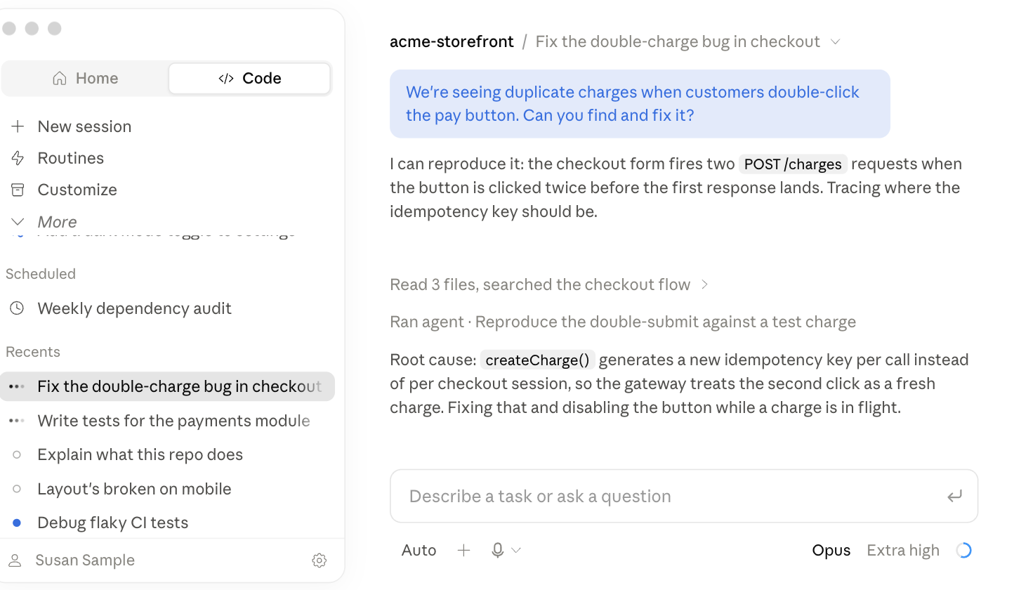 Interfaz de Claude Code mostrando una sesión real: barra lateral con sesiones recientes y panel de conversación resolviendo un bug de cobros duplicados en un checkout.