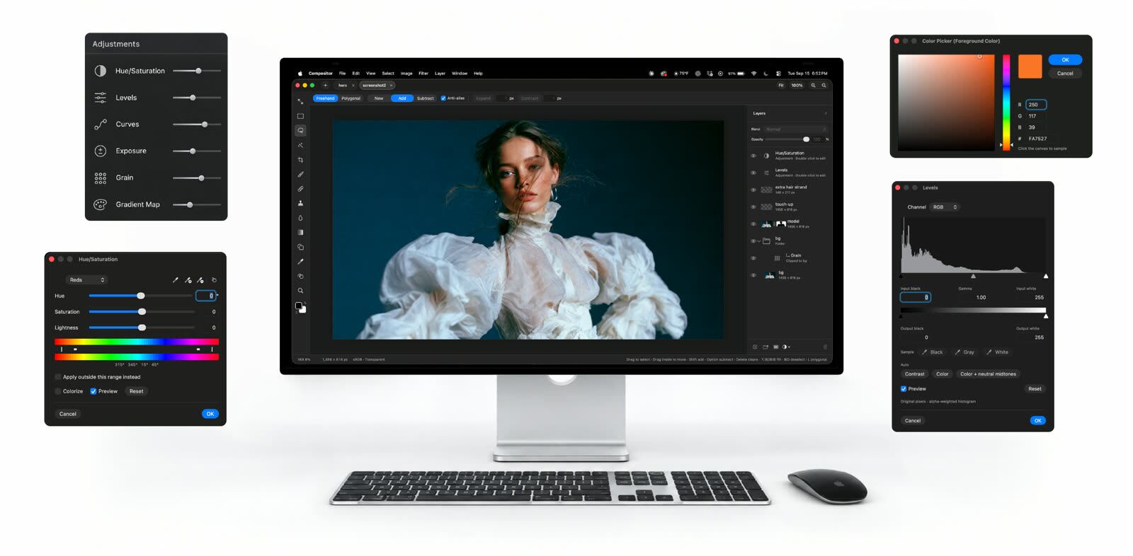 Compositor abierto en un Mac: una foto con capas, ajustes de niveles, tono y saturación y selector de color