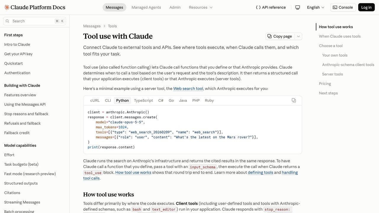 Documentación oficial de Anthropic sobre el uso de herramientas (tool use) con Claude