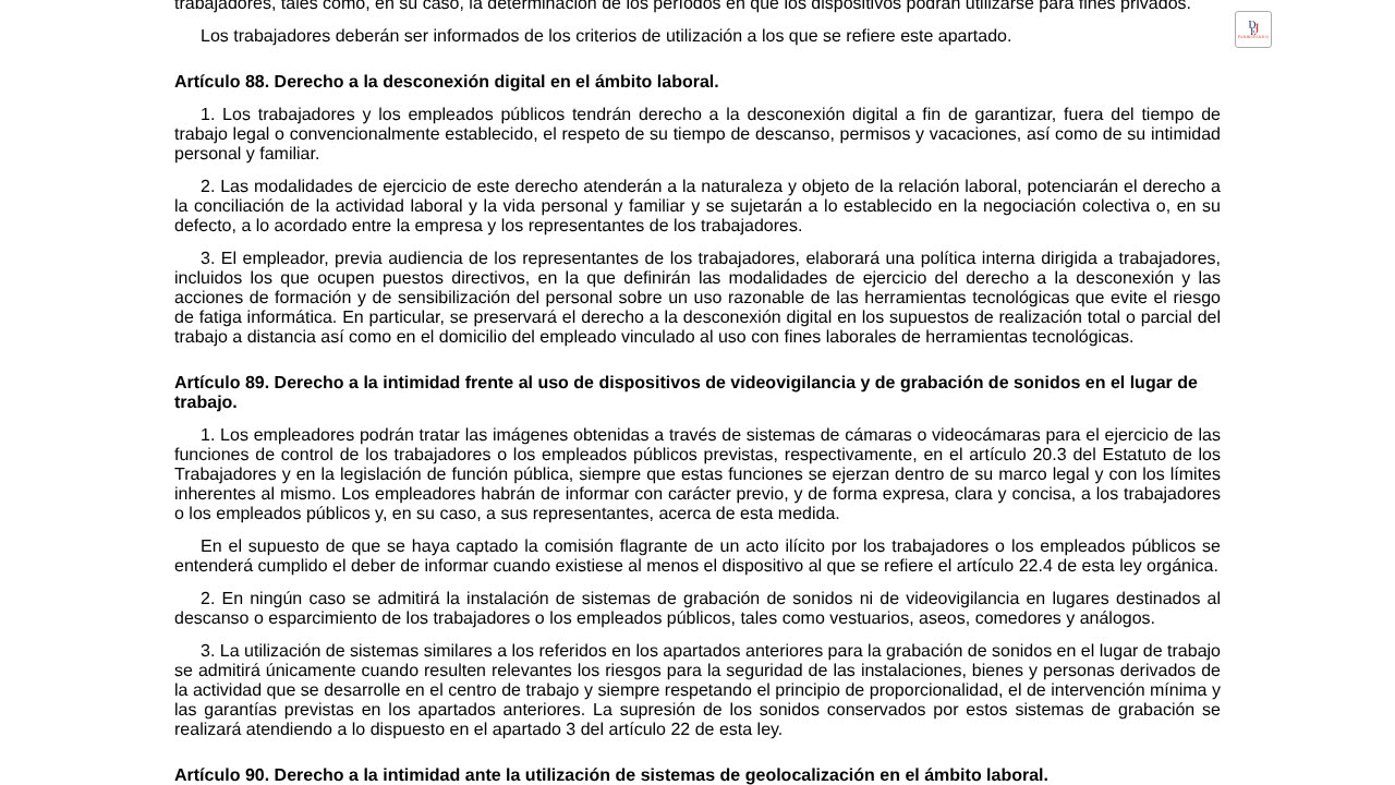 Artículo 89 de la Ley Orgánica 3/2018 en el BOE, sobre videovigilancia y grabación de sonidos en el lugar de trabajo