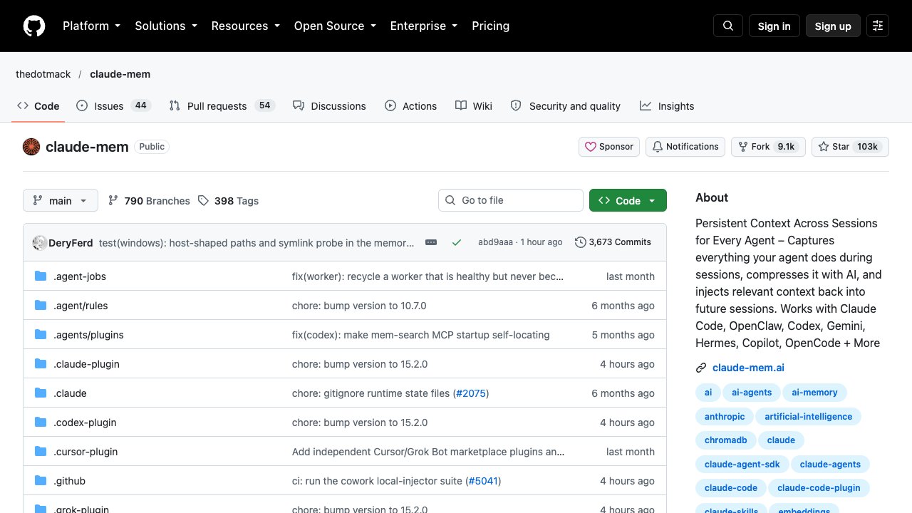 Página del repositorio claude-mem en GitHub, con más de 103.000 estrellas y la descripción «Persistent Context Across Sessions»