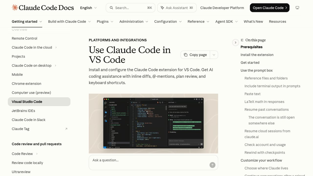 Documentación oficial de Claude Code para usarlo en VS Code