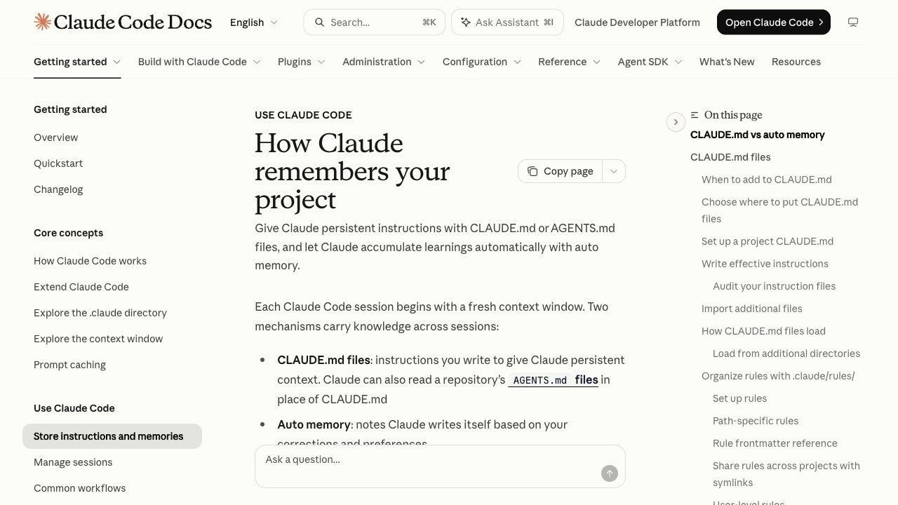 Documentación oficial de Claude Code sobre cómo Claude recuerda tu proyecto con CLAUDE.md