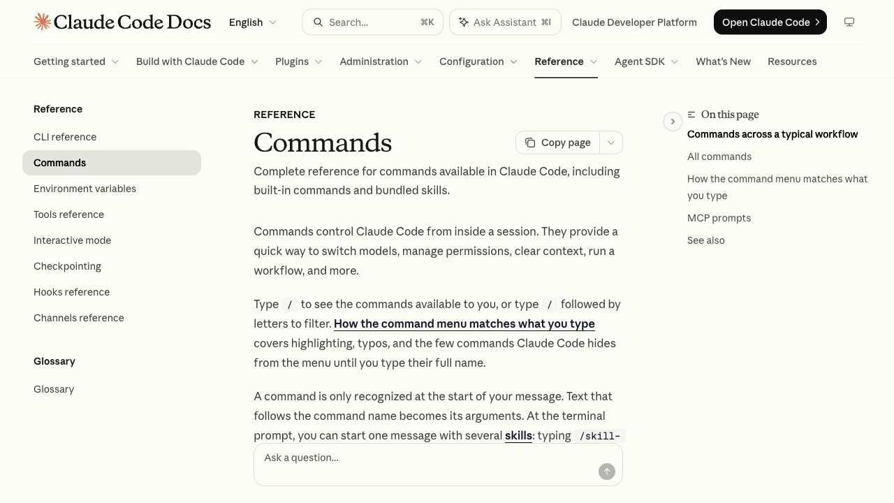 Documentación oficial de Claude Code con la lista de comandos