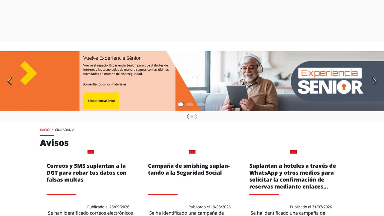 Web de INCIBE para la ciudadanía, con avisos sobre fraudes