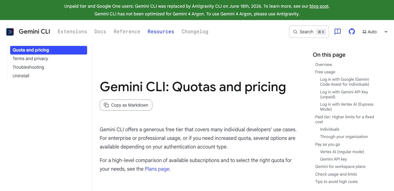 Página oficial de Gemini CLI con el aviso de que ha sido sustituido por Antigravity CLI