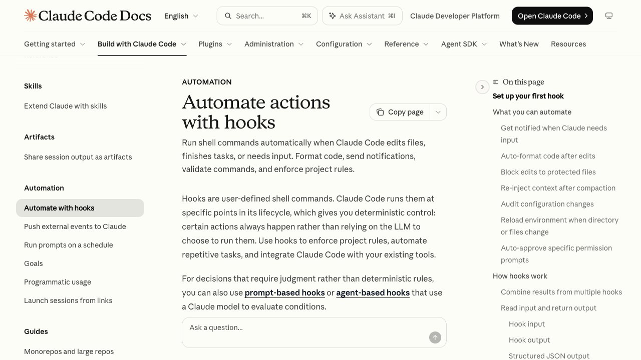 Documentación oficial de Claude Code sobre automatizar acciones con hooks