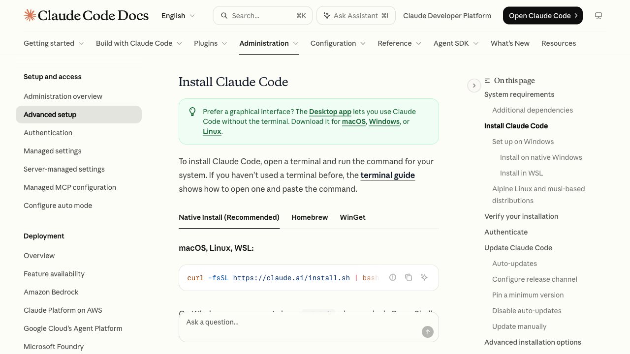 Documentación oficial de Claude Code con el comando de instalación