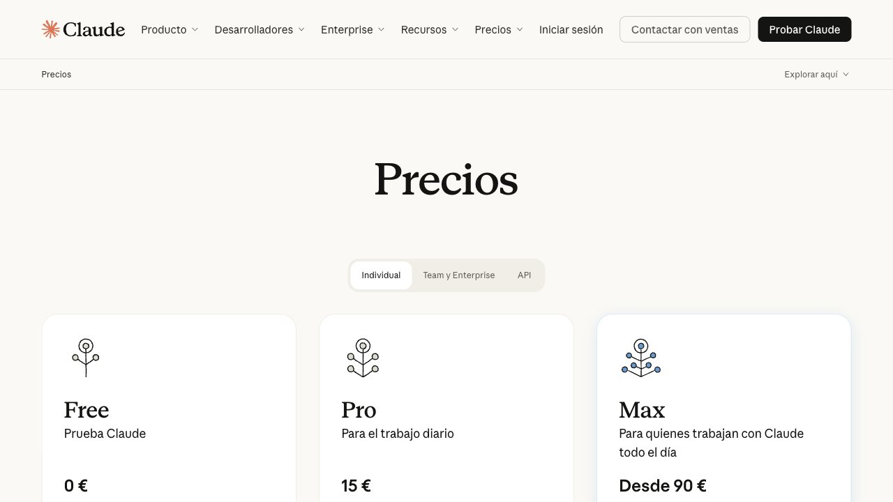 Página de precios de Claude con los planes Free, Pro y Max