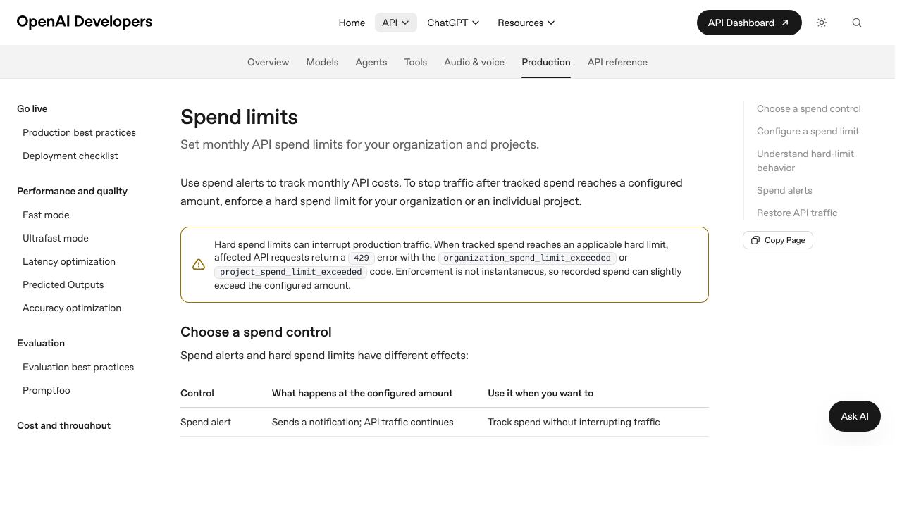 Documentación de OpenAI sobre límites de gasto, con el aviso de que un tope duro devuelve error 429