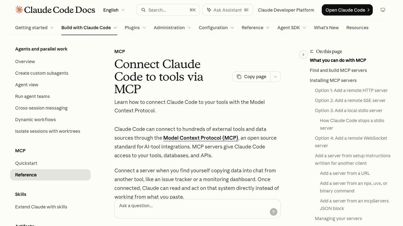 Documentación oficial de Claude Code sobre conectar herramientas con MCP