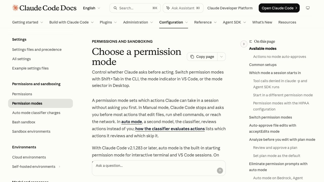 Documentación oficial de Claude Code sobre cómo elegir un modo de permisos