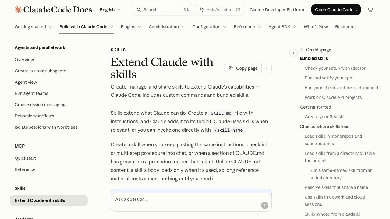Documentación oficial de Claude Code sobre cómo extender Claude con skills