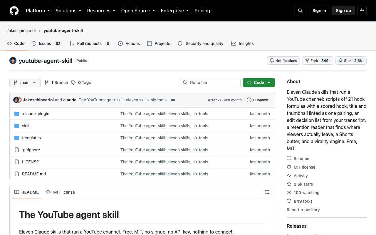 Repositorio oficial del youtube-agent-skill en GitHub, con sus 11 skills