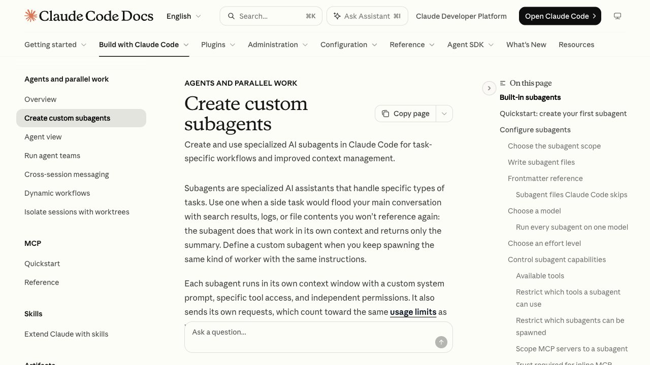 Documentación oficial de Claude Code sobre crear subagentes personalizados