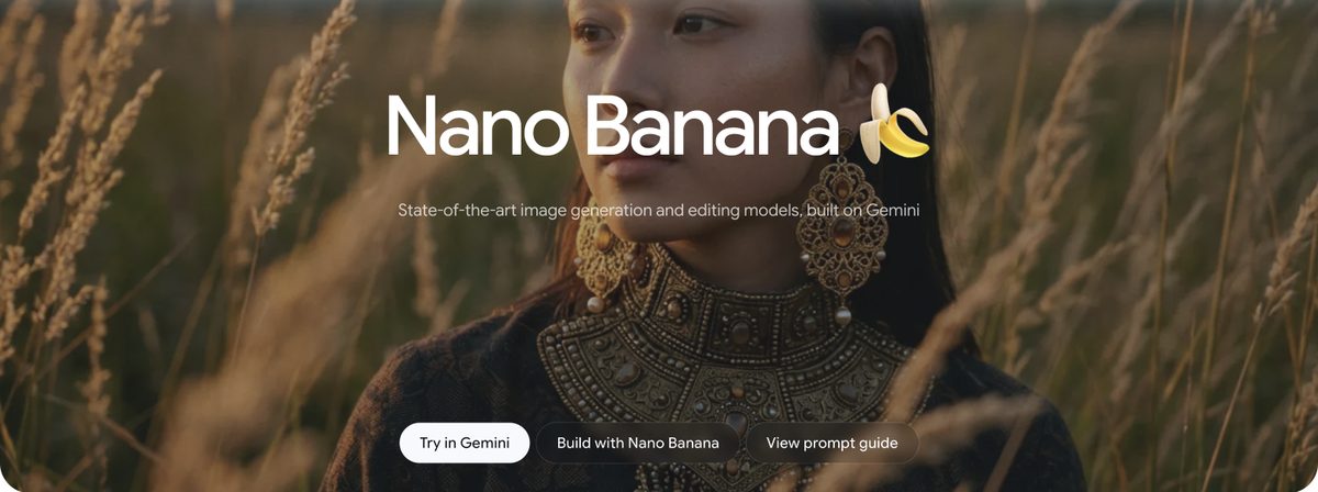 Retrato generado con IA de una mujer con joyería tradicional dorada en un campo de trigo al atardecer, ejemplo oficial del modelo de imagen de Gemini (Nano Banana).