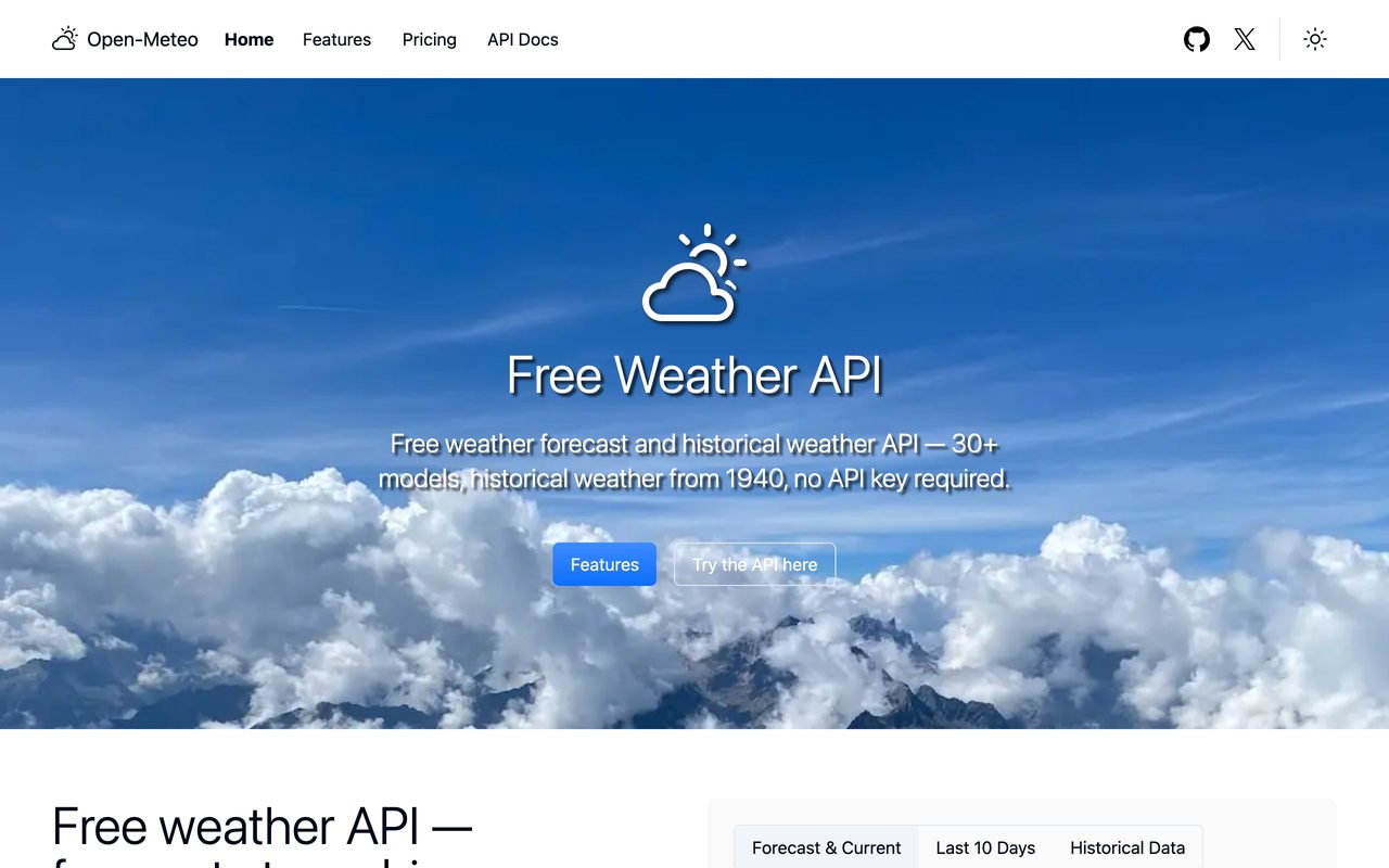 Página oficial de Open-Meteo, la API pública del tiempo usada en esta guía, mostrando su portada con el mensaje de que no requiere clave de API.