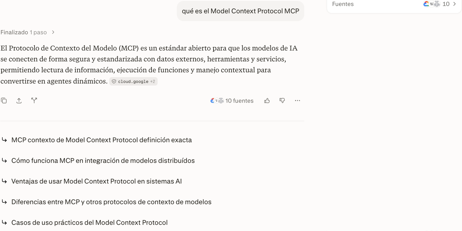 Captura real de una búsqueda en Perplexity sobre qué es el Model Context Protocol MCP, mostrando la respuesta con fuentes citadas y preguntas relacionadas sugeridas.
