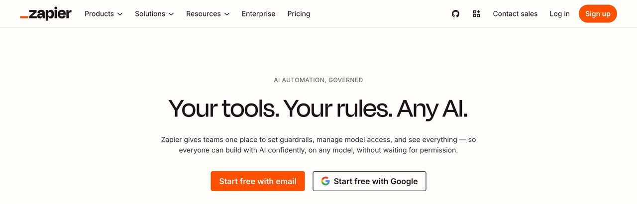 Página oficial de Zapier, una de las herramientas de automatización determinista mencionadas como alternativa a un agente cuando el flujo es simple y estable.